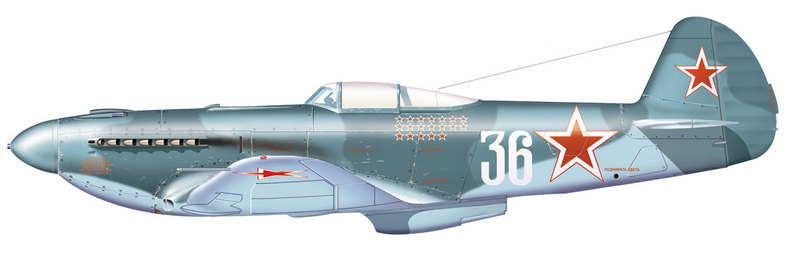 Yak-9U unidad desconocida, 36 Blanco. Pilotado por Georgy Baevsky, 19 victorias, Alemania marzo de 1945. El dibujo fue pintado por el Teniente Mecánico Sobakin