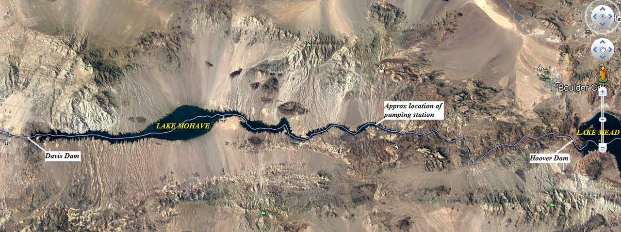 Pohled z Google Earth na předpokládané umístění plánované přečeprávací elektrárny. Zdroj: http://euanmearns.com/the-hoover-dam-pumped-hydro-proposal/