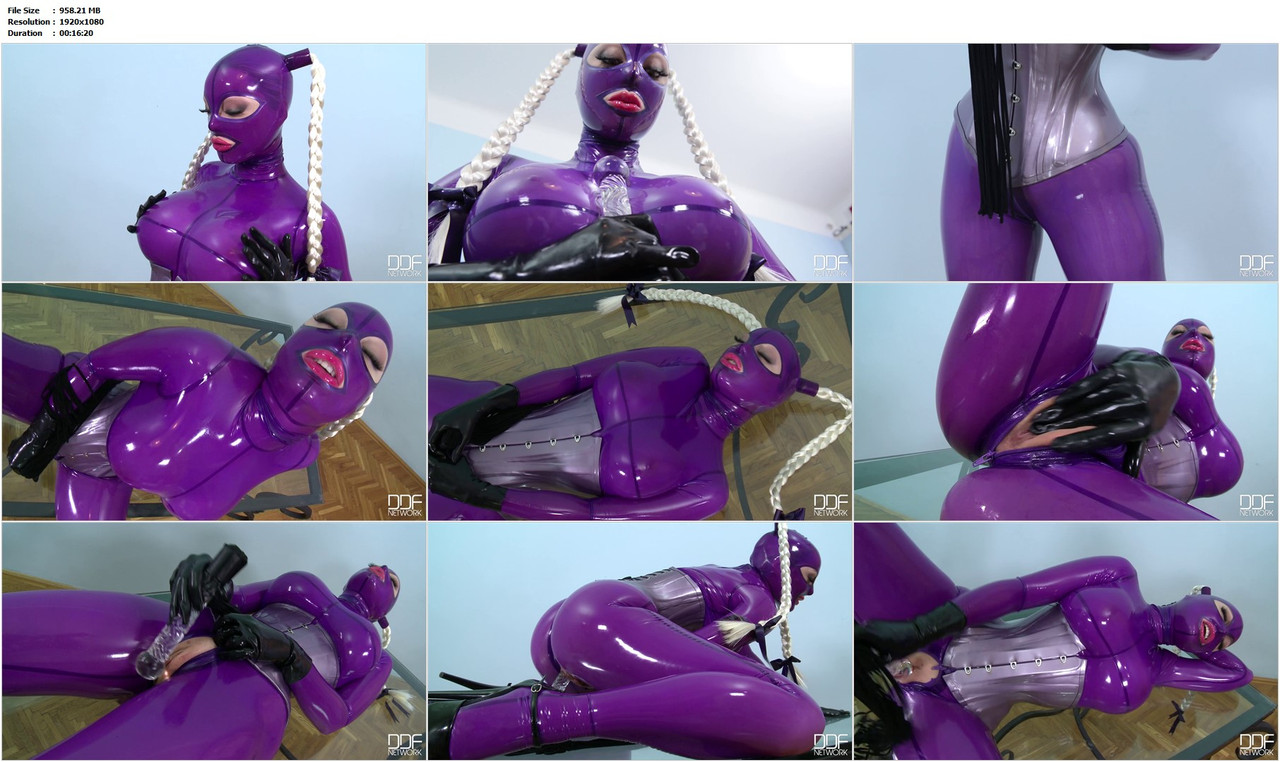Latex Lucy in Purple Latex Catsuit and Mask