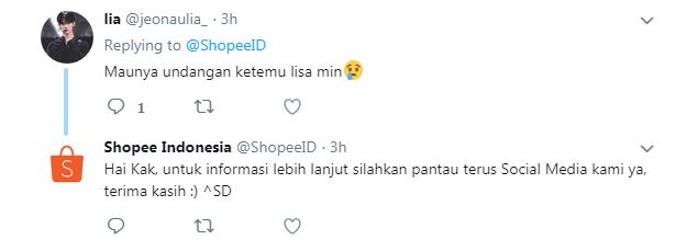 Respon Shopee terhadap pertemuan Young Lex dengan Lisa BLACKPINK (Twitter/@ShopeeID)