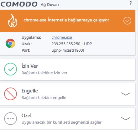 Comodo Firewall bağlantı uyarısı